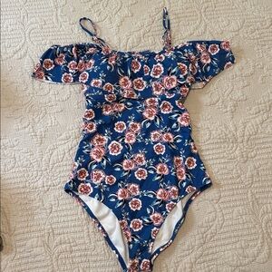 Raisins Floral Blue Off-Shoulder one piece Swimsuit, Medium